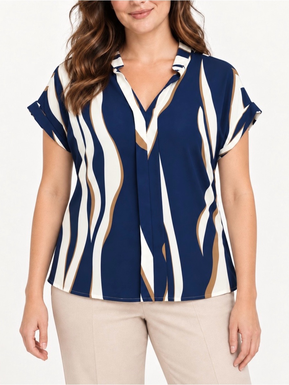 Women's Navy Blue Abstract Stripe Office Wear V-Neck Top